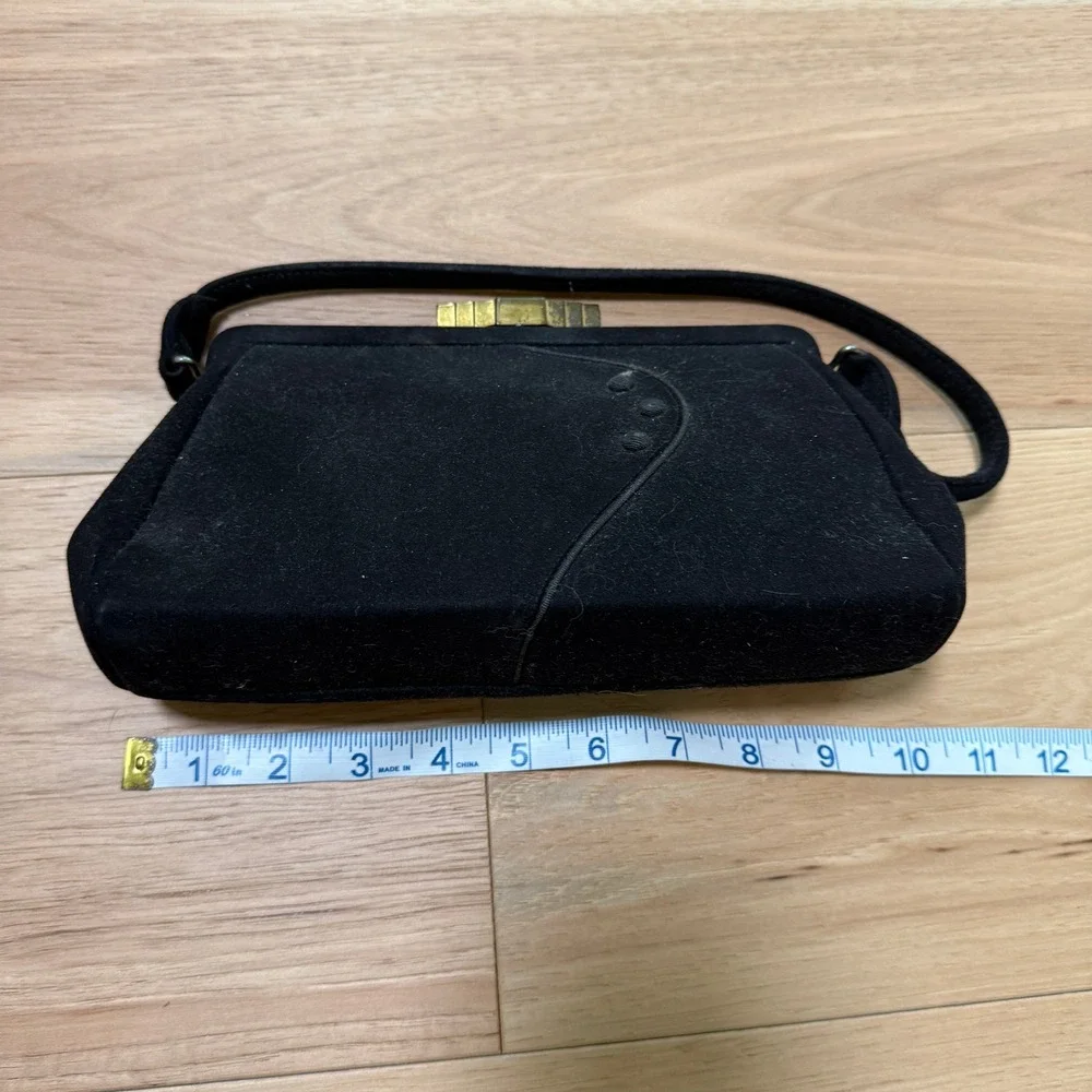 Vintage Handbag Women Small Black  Suede Art Deco Bag Attached Coin Purse